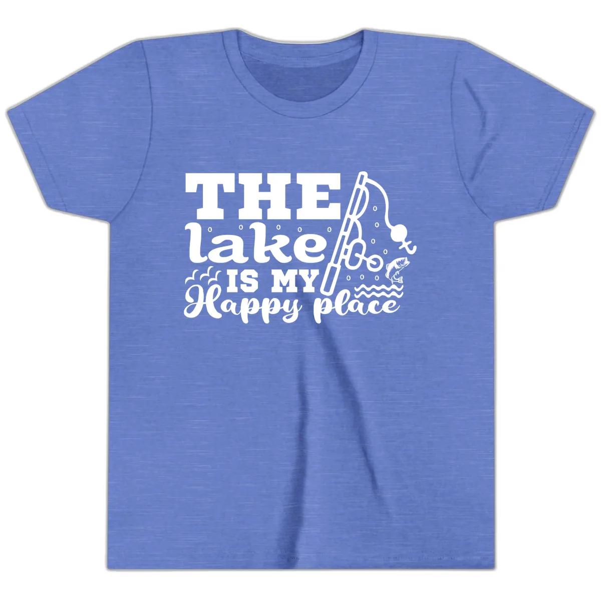 The Lake Is My Happy Place Fishing Design Youth T-Shirt in Heather Columbia Blue