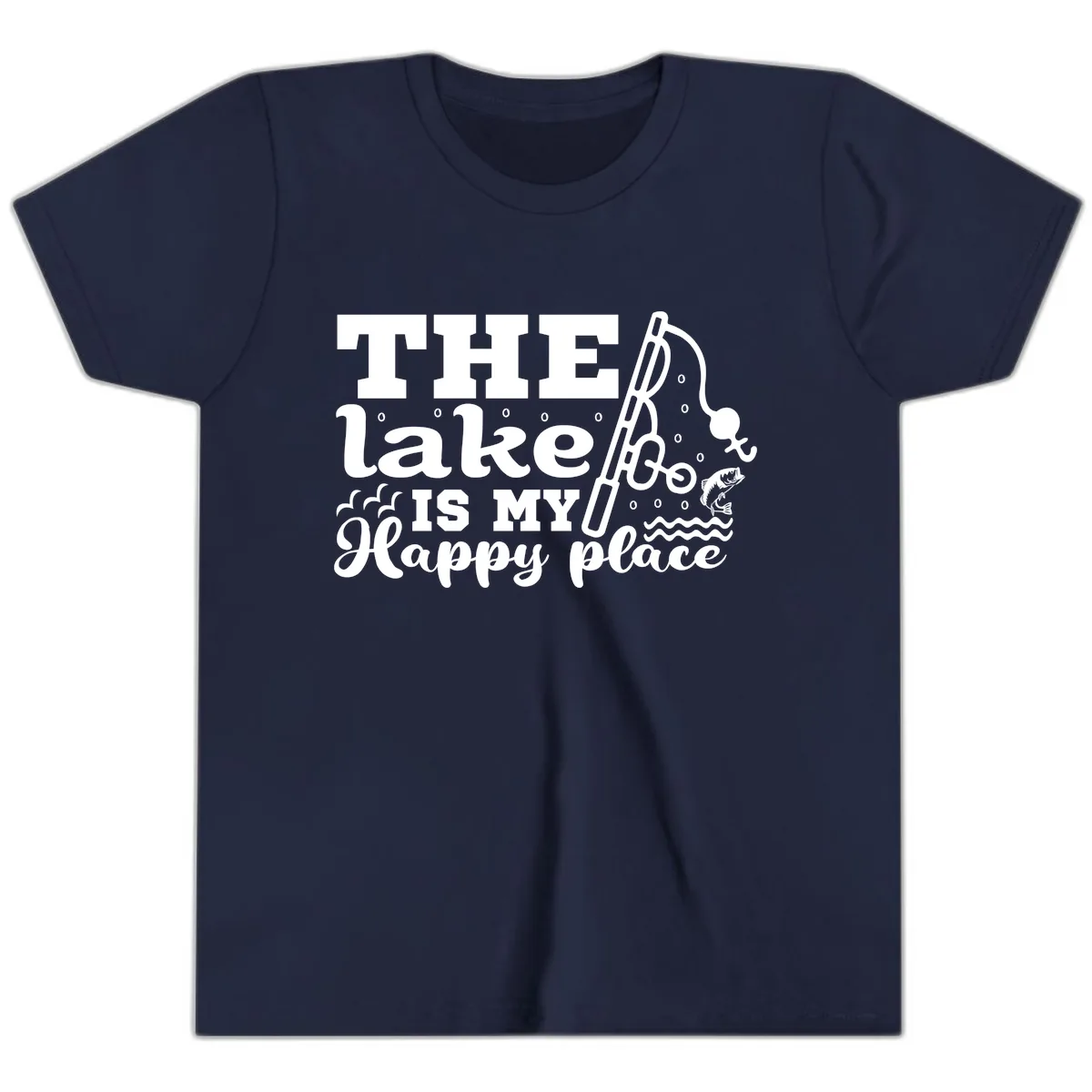 The Lake Is My Happy Place Fishing Design Youth T-Shirt in Navy