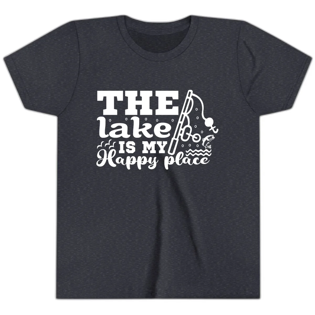The Lake Is My Happy Place Fishing Design Youth T-Shirt in Heather Navy