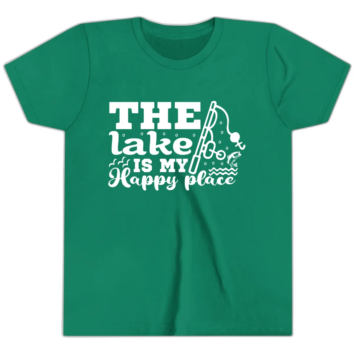 The Lake Is My Happy Place Fishing Design Youth T-Shirt in Kelly