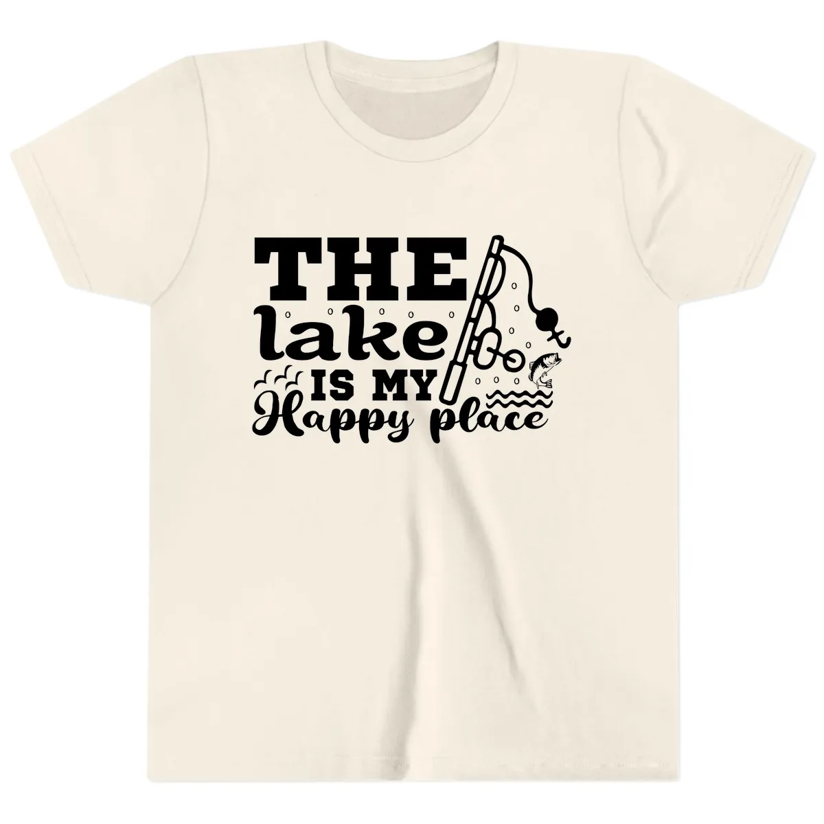 The Lake Is My Happy Place Fishing Design Youth T-Shirt in Natural