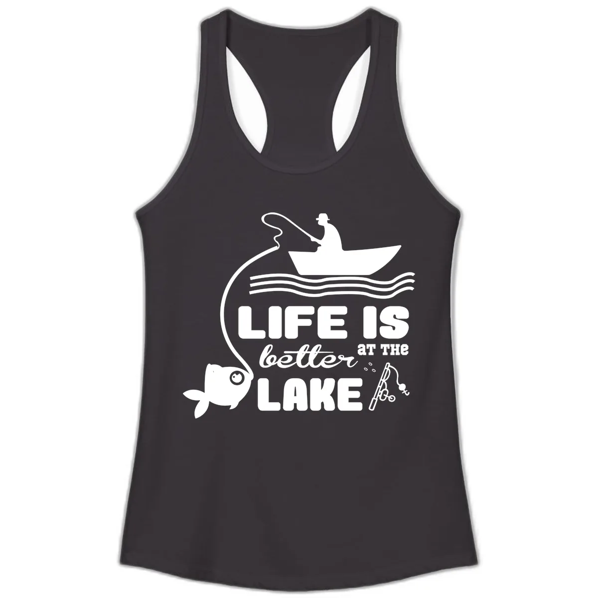 Life Is Better At The Lake Fishing Ladies Tank in Black