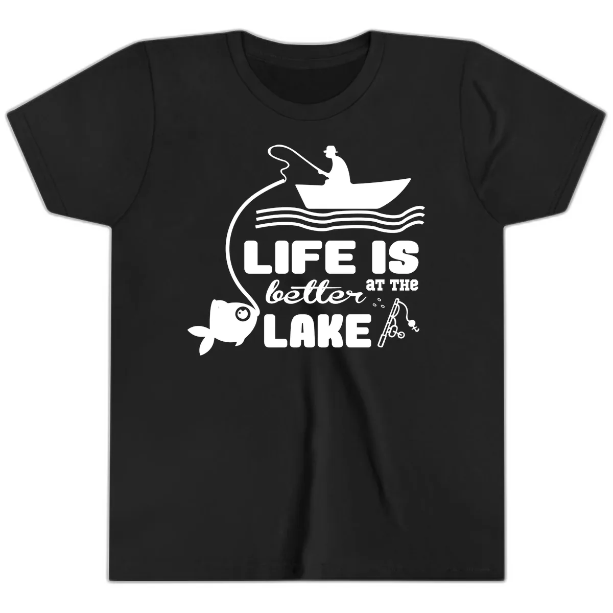 Life Is Better At The Lake Fishing Youth T-Shirt in Black