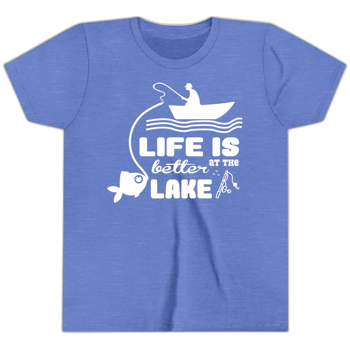 Life Is Better At The Lake Fishing Youth T-Shirt in Heather Columbia Blue