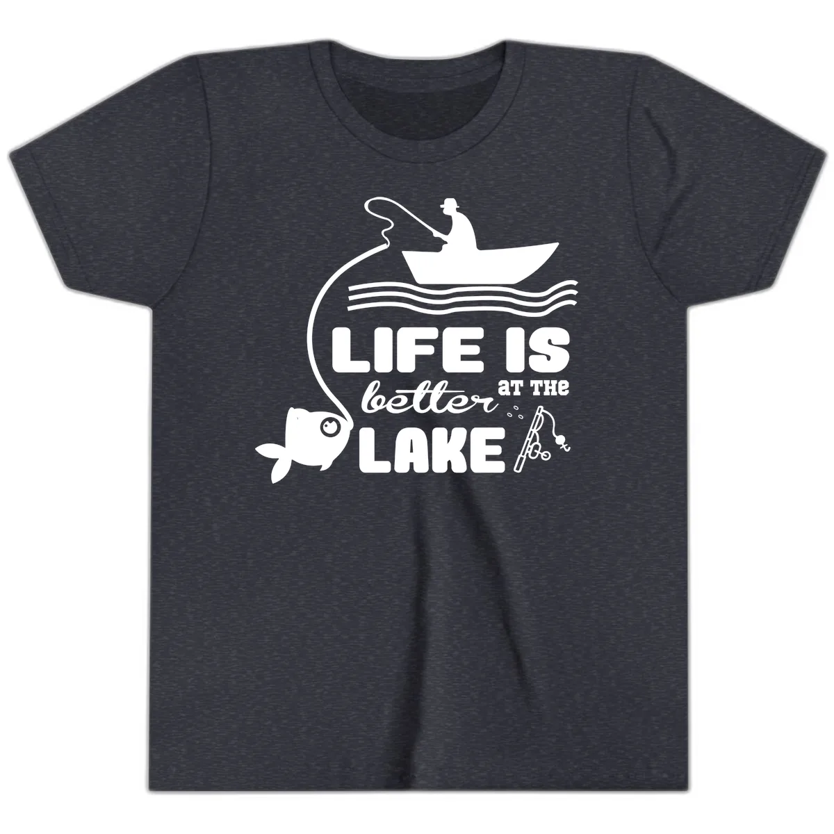 Life Is Better At The Lake Fishing Youth T-Shirt in Heather Navy