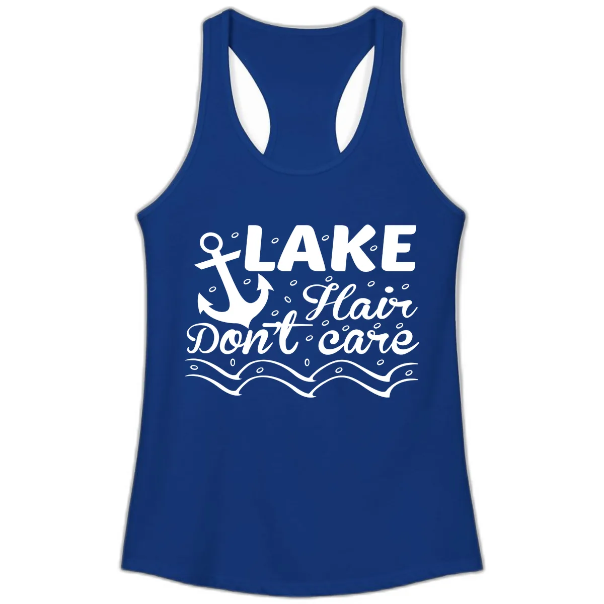Lake Hair Don't Care Anchor Design Ladies Tank in Solid Royal