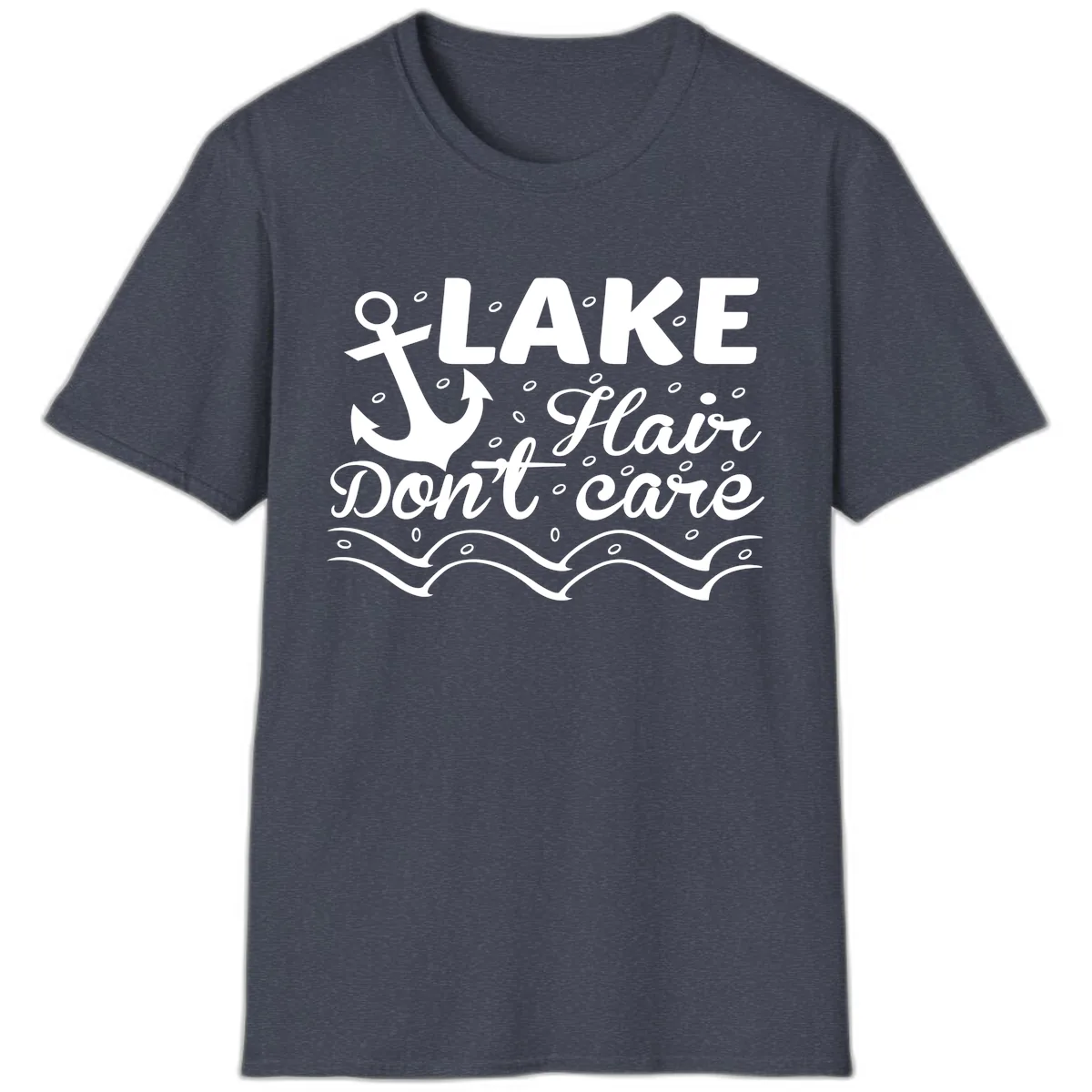 Lake Hair Don't Care Anchor Design T-Shirt in Heather Navy