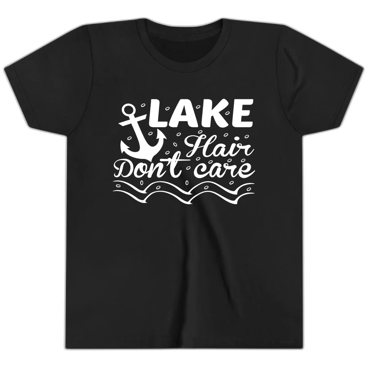 Lake Hair Don't Care Anchor Design Youth T-Shirt in Black