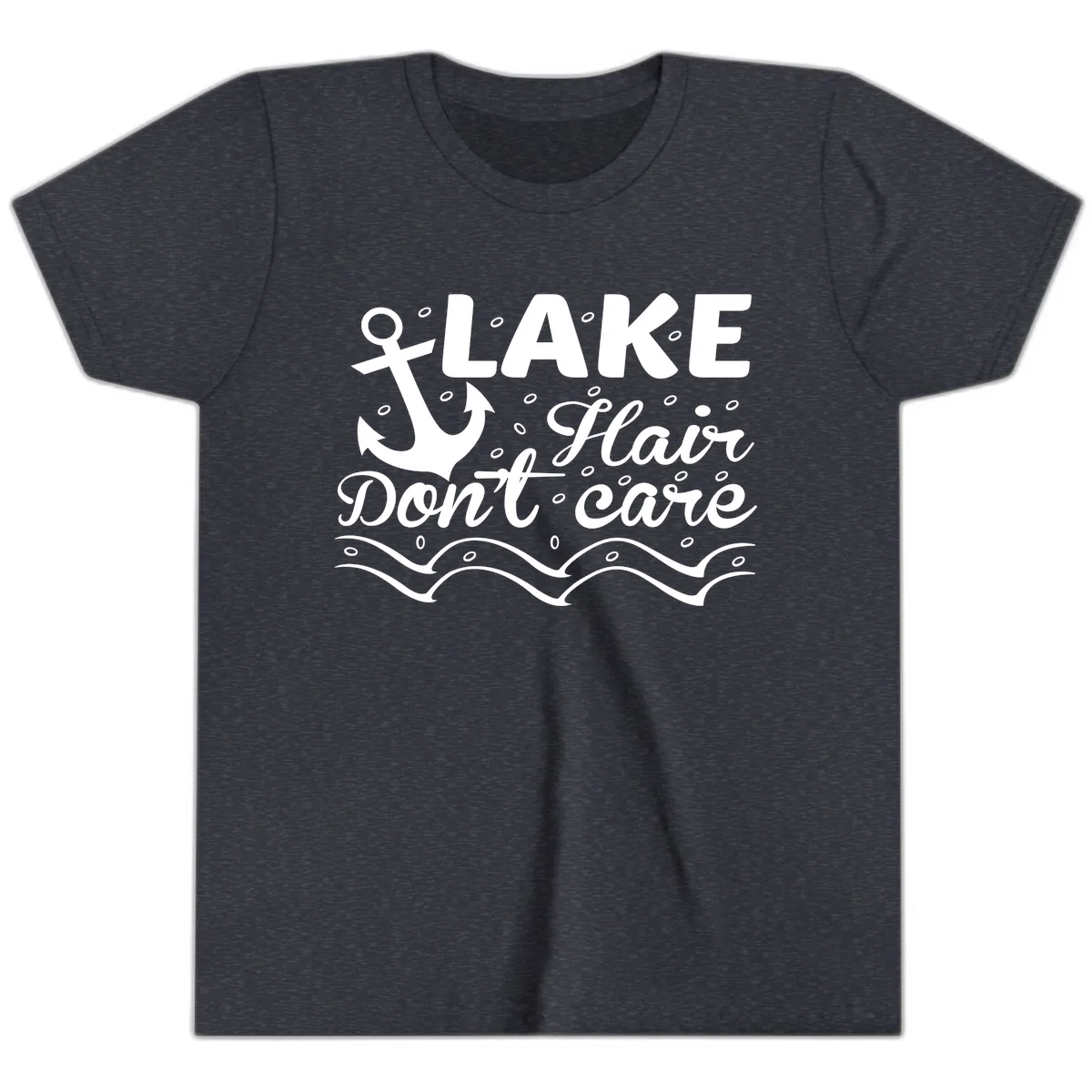 Lake Hair Don't Care Anchor Design Youth T-Shirt in Heather Navy