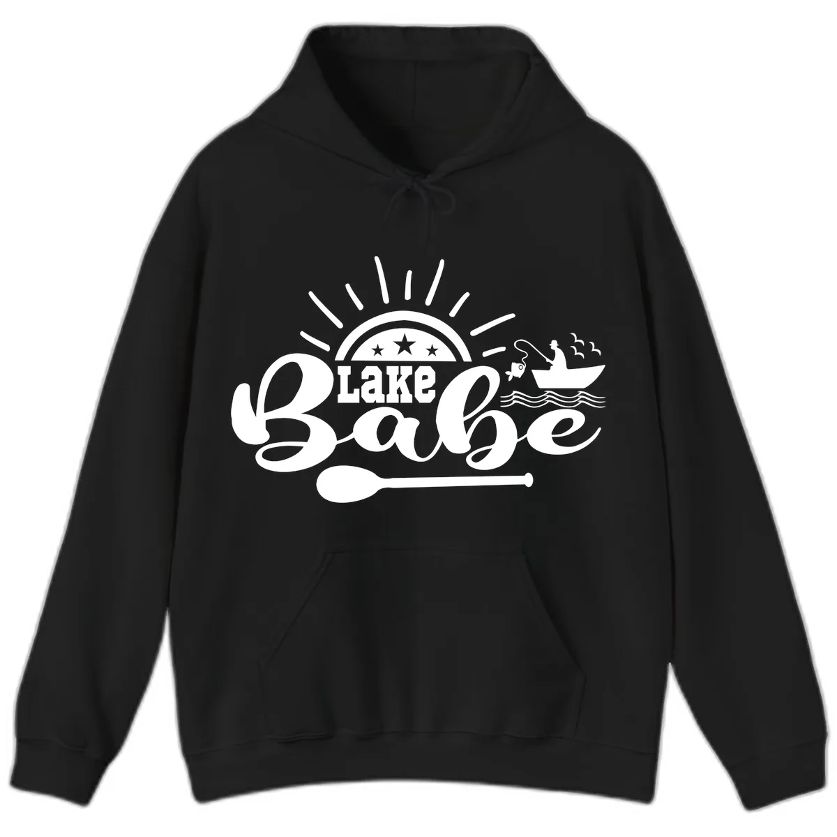 Lake Babe Fishing Boat Design Hoodie in Black
