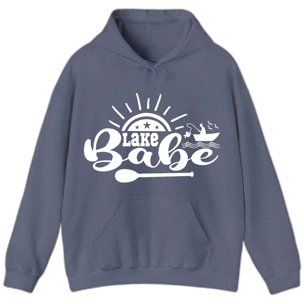 Lake Babe Fishing Boat Design Hoodie in Heather Navy