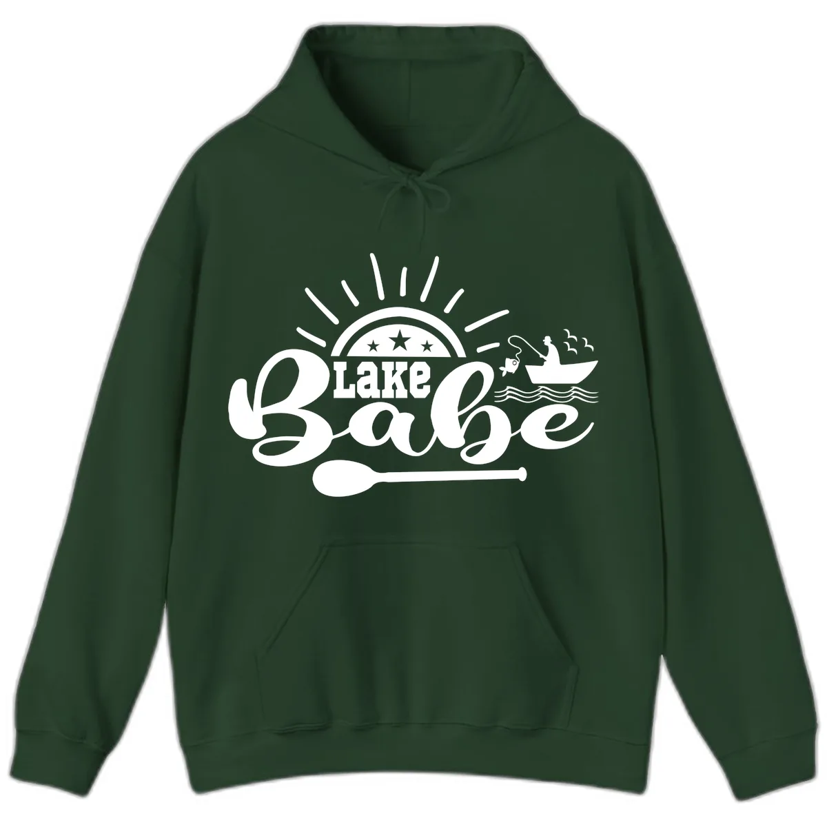 Lake Babe Fishing Boat Design Hoodie in Forest Green