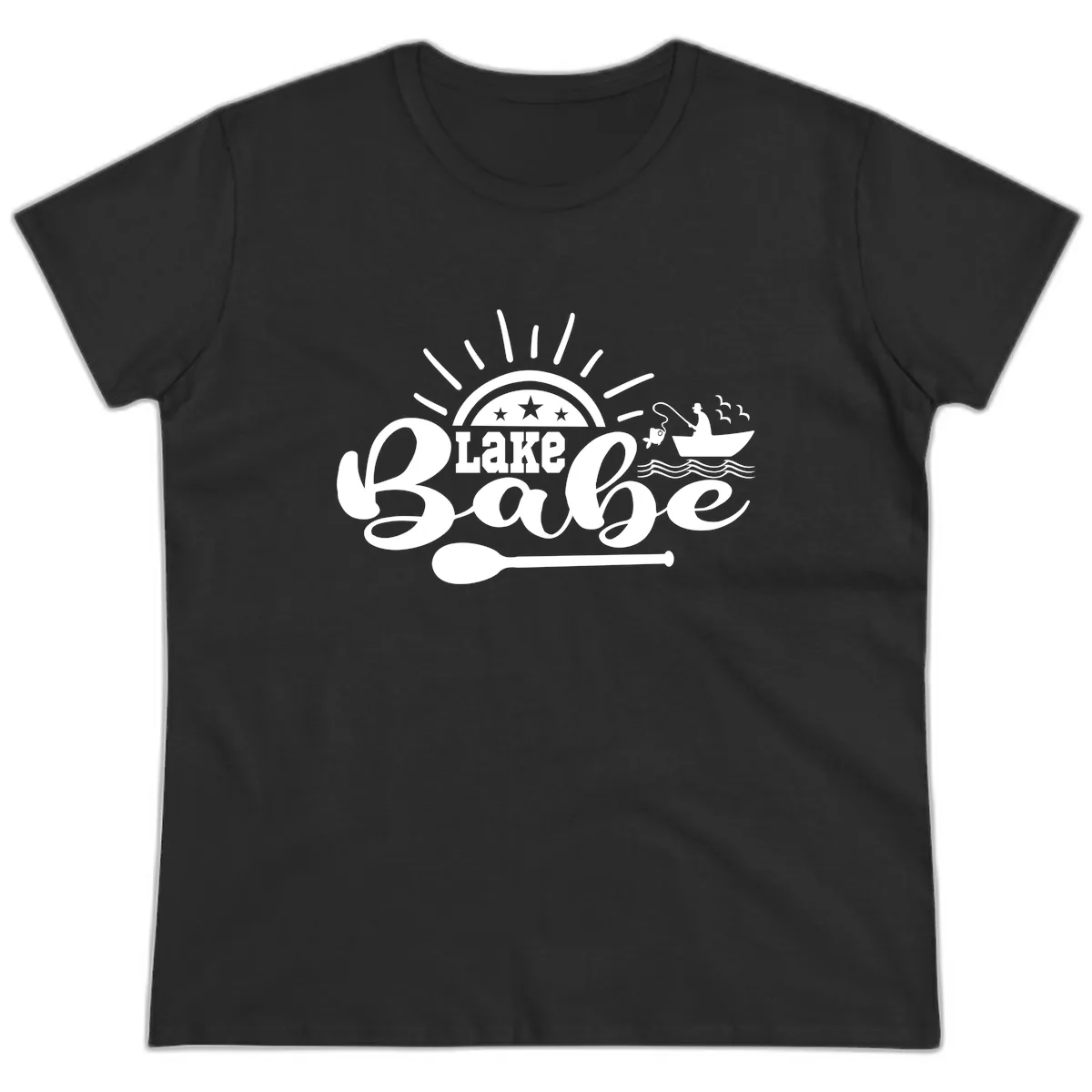 Lake Babe Fishing Boat Design Ladies Tee in Black