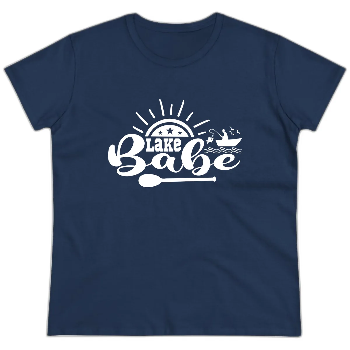 Lake Babe Fishing Boat Design Ladies Tee in Navy