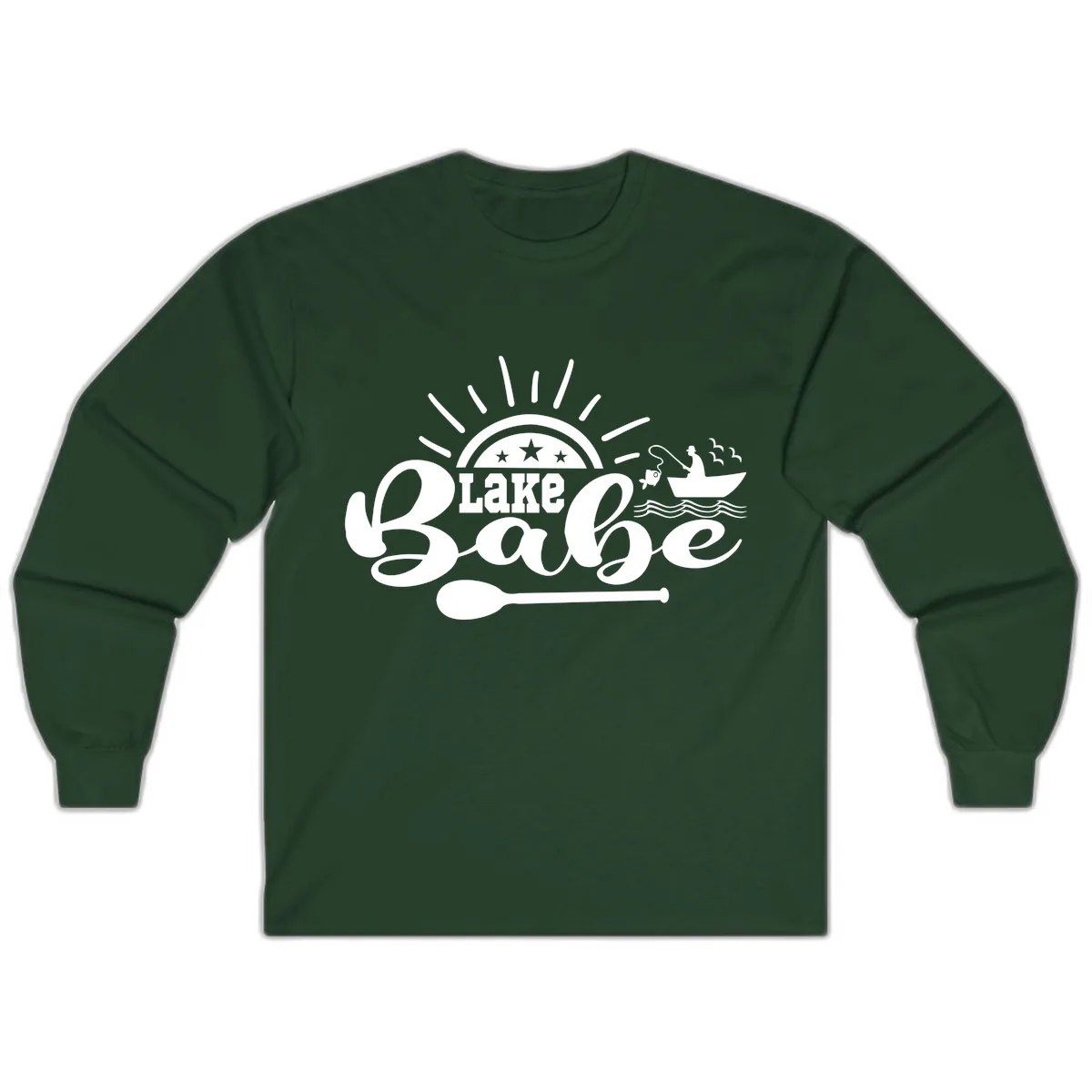 Lake Babe Fishing Boat Design Long Sleeve in Forest Green