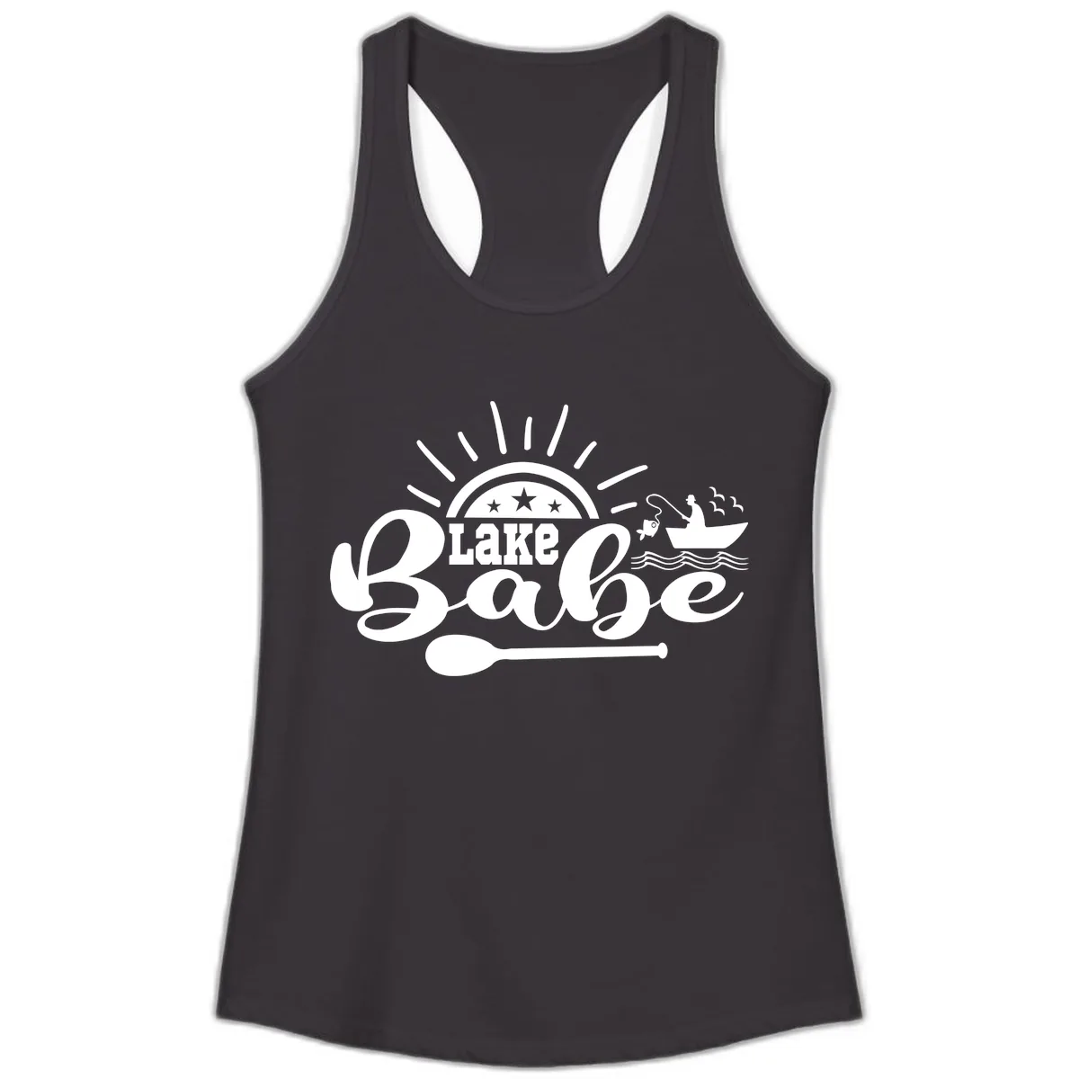 Lake Babe Fishing Boat Design Ladies Tank in Black