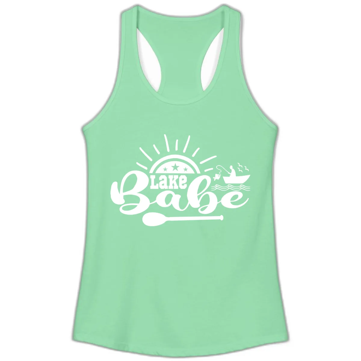 Lake Babe Fishing Boat Design Ladies Tank in Solid Mint