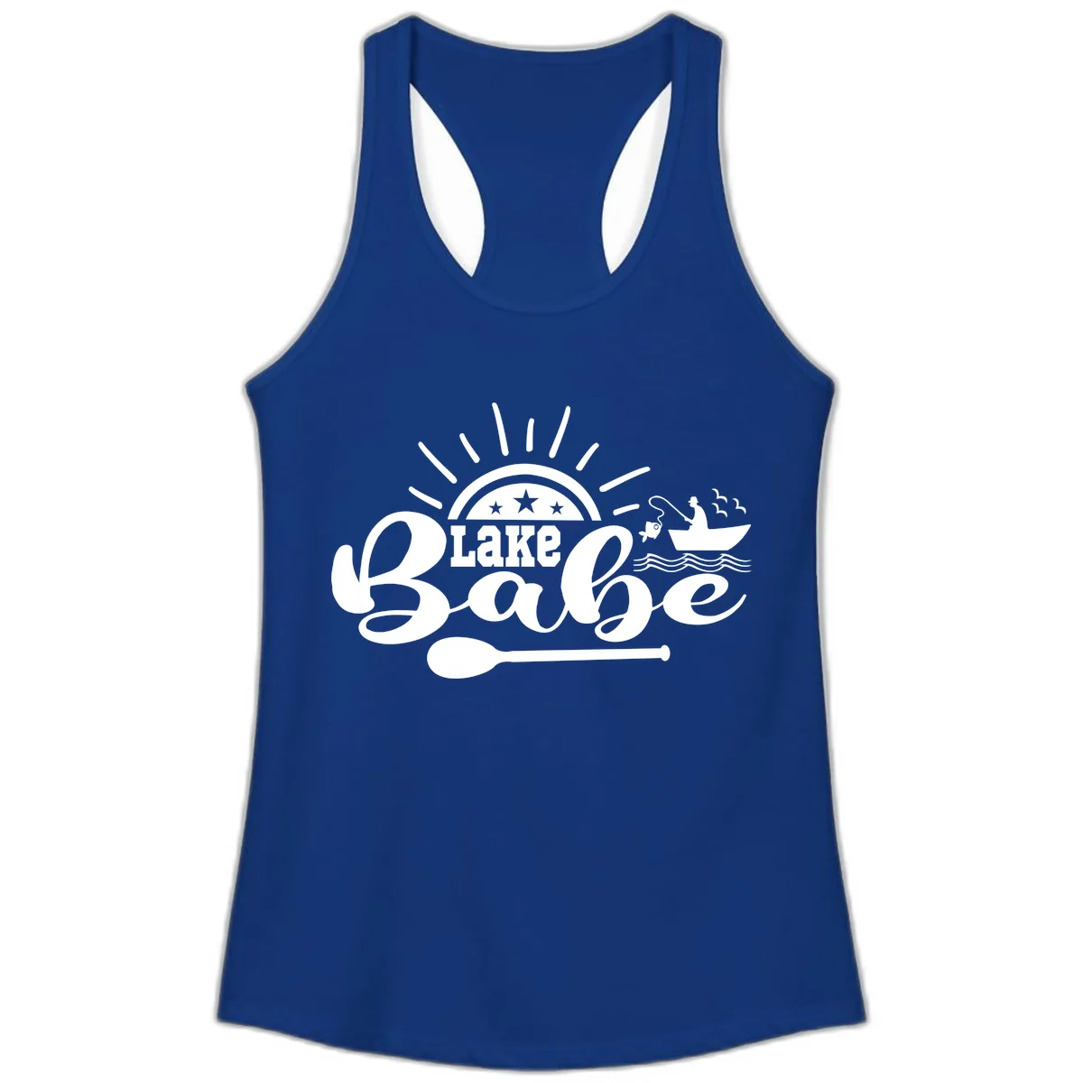 Lake Babe Fishing Boat Design Ladies Tank in Solid Royal