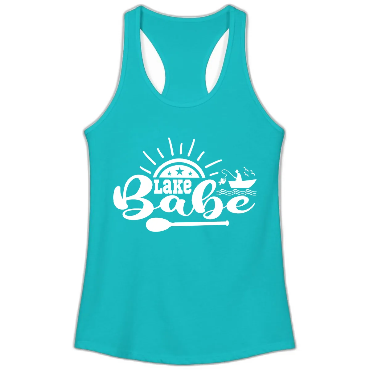 Lake Babe Fishing Boat Design Ladies Tank in Tahiti Blue