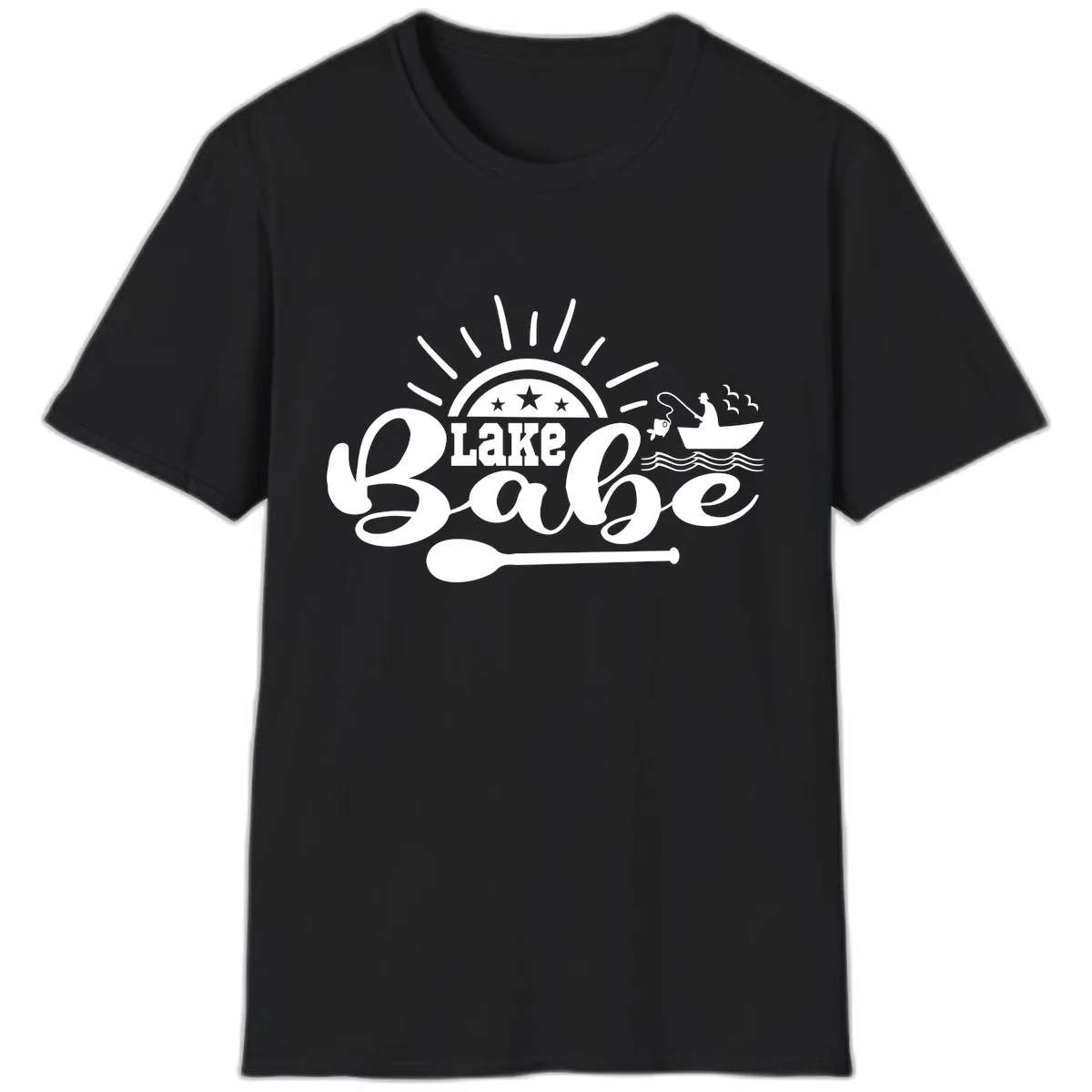 Lake Babe Fishing Boat Design T-Shirt in Black
