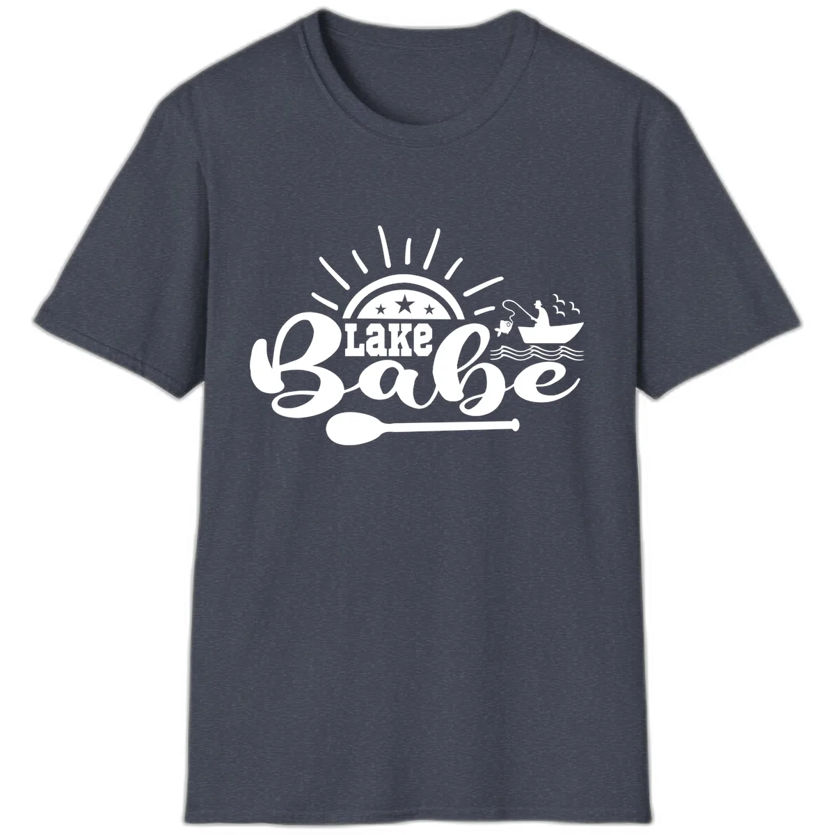 Lake Babe Fishing Boat Design T-Shirt in Heather Navy