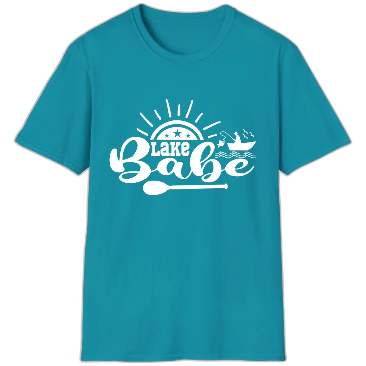 Lake Babe Fishing Boat Design T-Shirt in Tropical Blue
