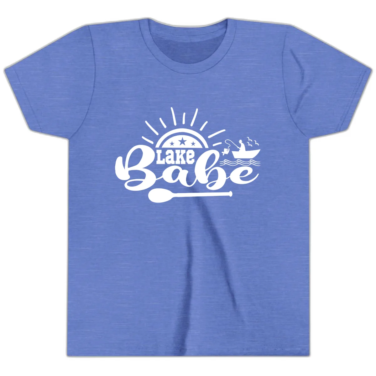 Lake Babe Fishing Boat Design Youth T-Shirt in Heather Columbia Blue