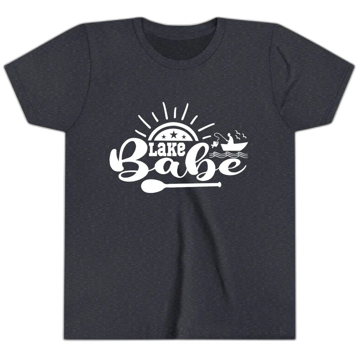 Lake Babe Fishing Boat Design Youth T-Shirt in Heather Navy