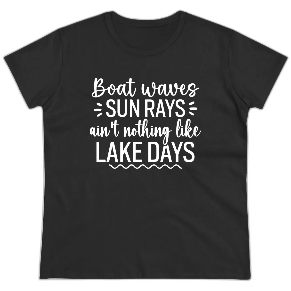 Boat Waves Sun Rays Lake Days Design Ladies Tee in Black