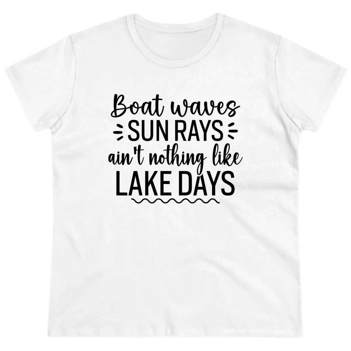Boat Waves Sun Rays Lake Days Design Ladies Tee in White