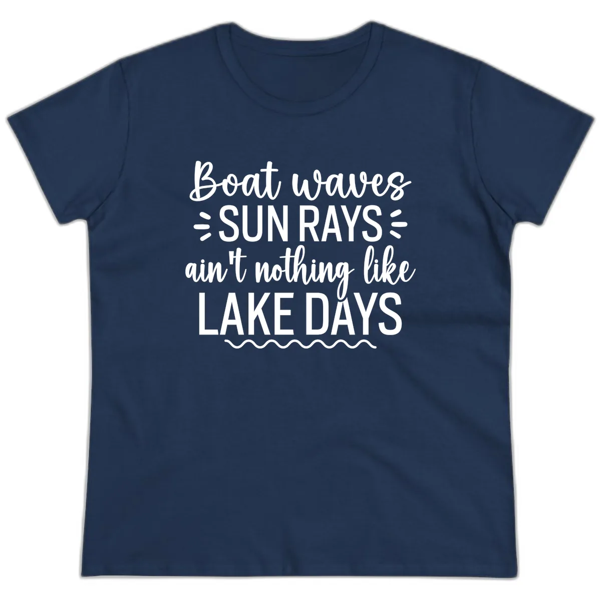 Boat Waves Sun Rays Lake Days Design Ladies Tee in Navy