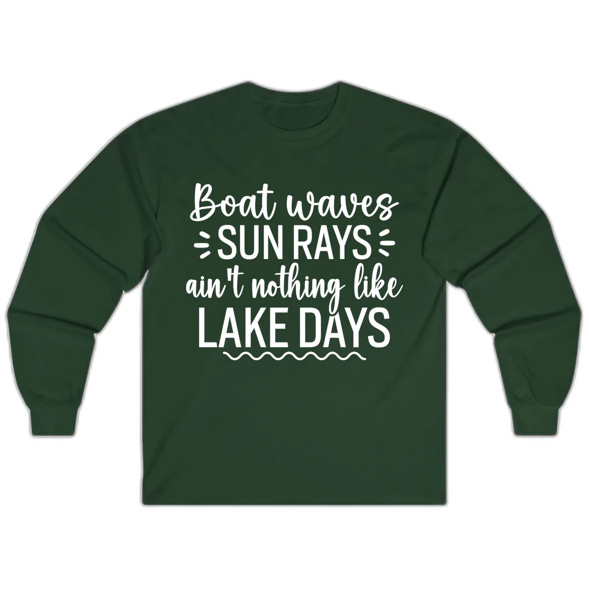 Boat Waves Sun Rays Lake Days Design Long Sleeve in Forest Green