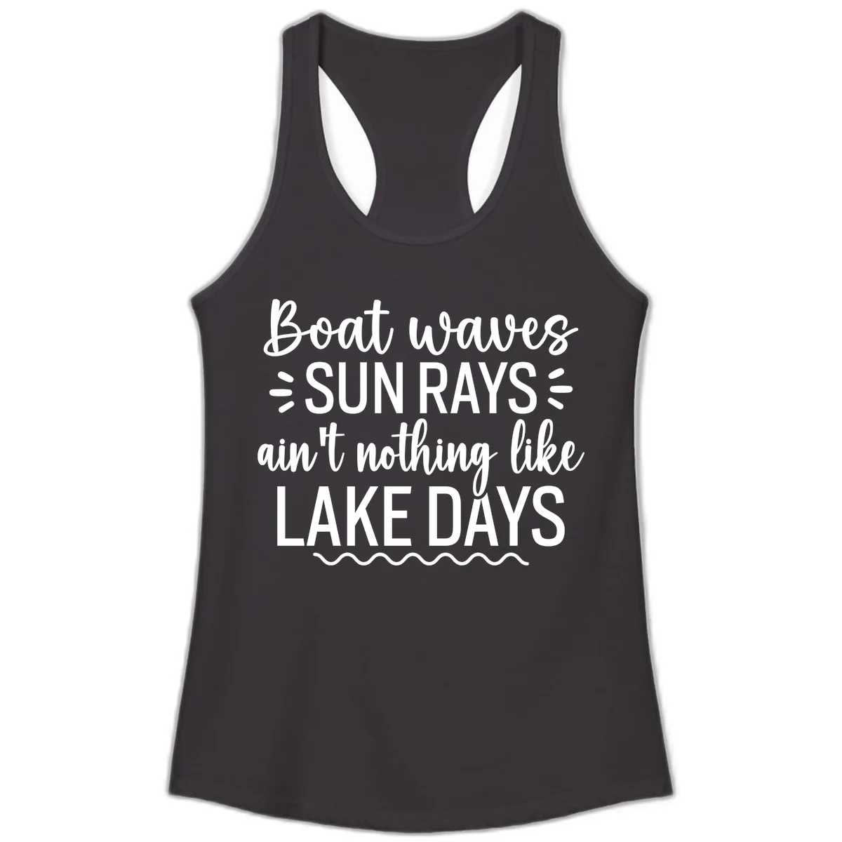 Boat Waves Sun Rays Lake Days Design Ladies Tank in Black