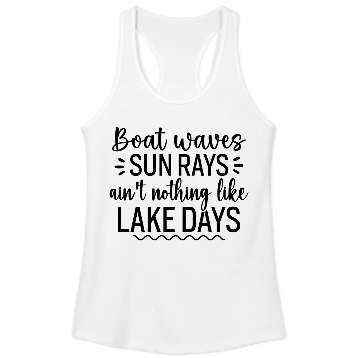 Boat Waves Sun Rays Lake Days Design Ladies Tank in White