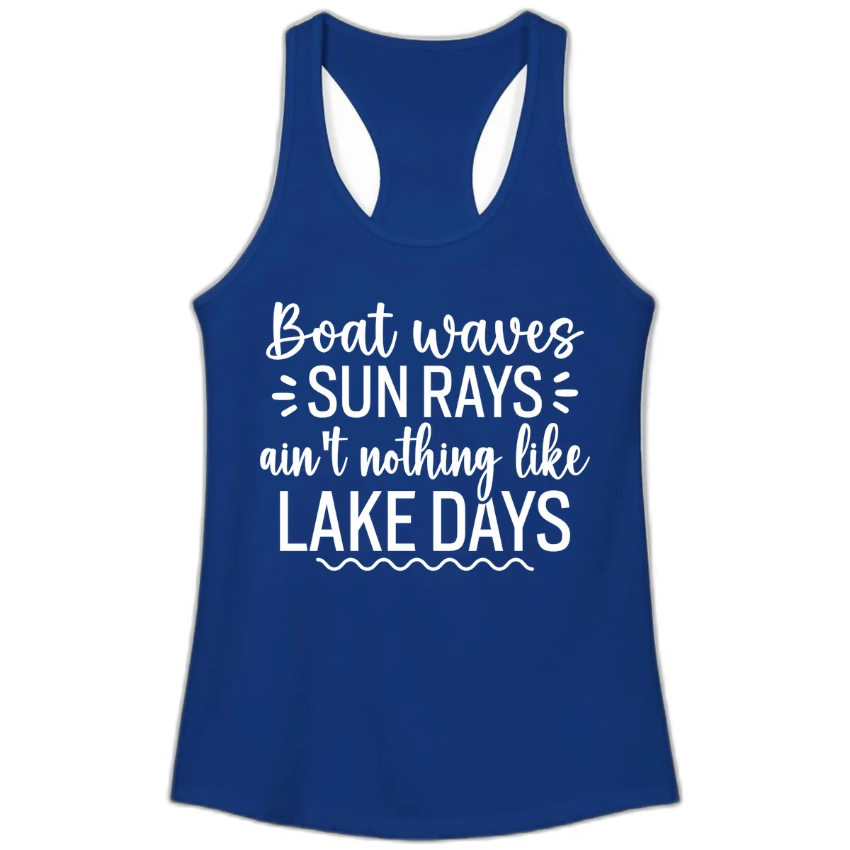 Boat Waves Sun Rays Lake Days Design Ladies Tank in Solid Royal