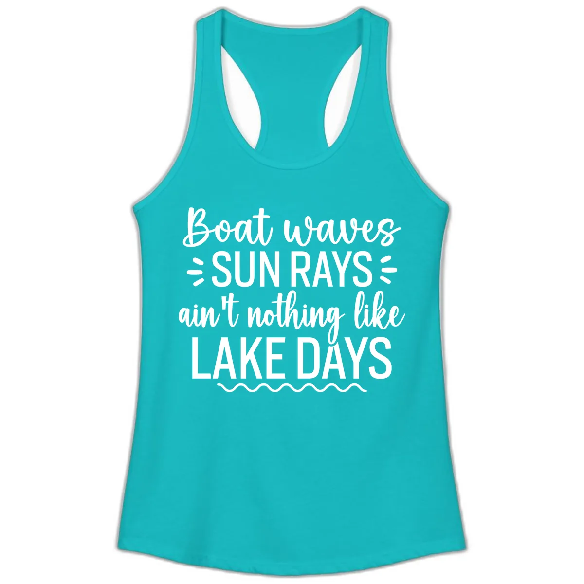 Boat Waves Sun Rays Lake Days Design Ladies Tank in Tahiti Blue
