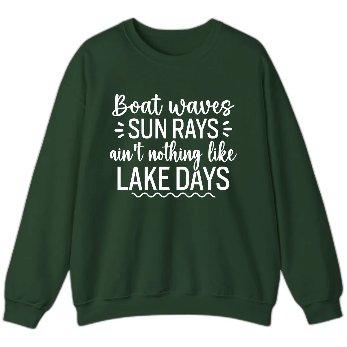 Boat Waves Sun Rays Lake Days Design Sweatshirt in Forest Green