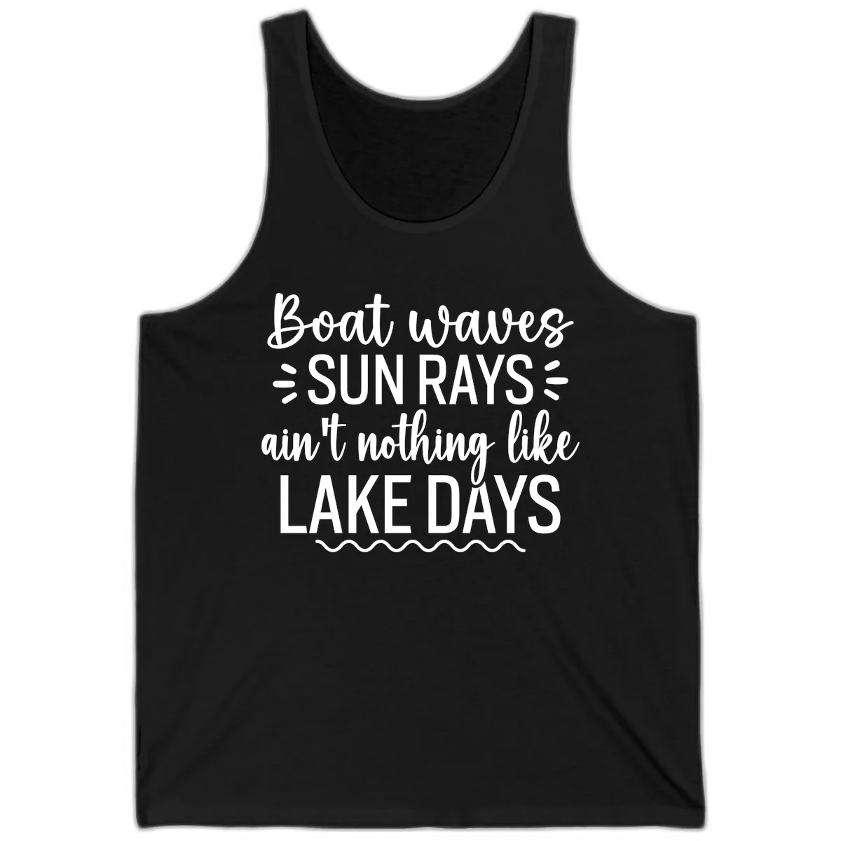 Boat Waves Sun Rays Lake Days Design Tank in Black