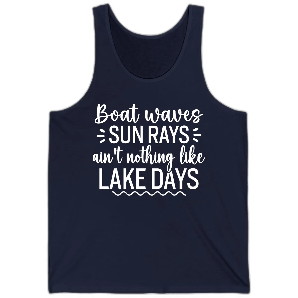 Boat Waves Sun Rays Lake Days Design Tank in Navy