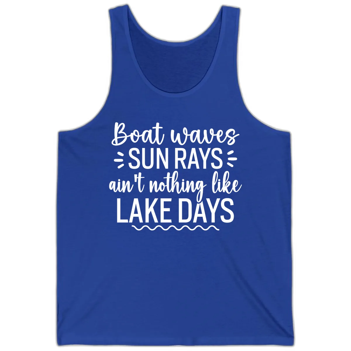 Boat Waves Sun Rays Lake Days Design Tank in True Royal