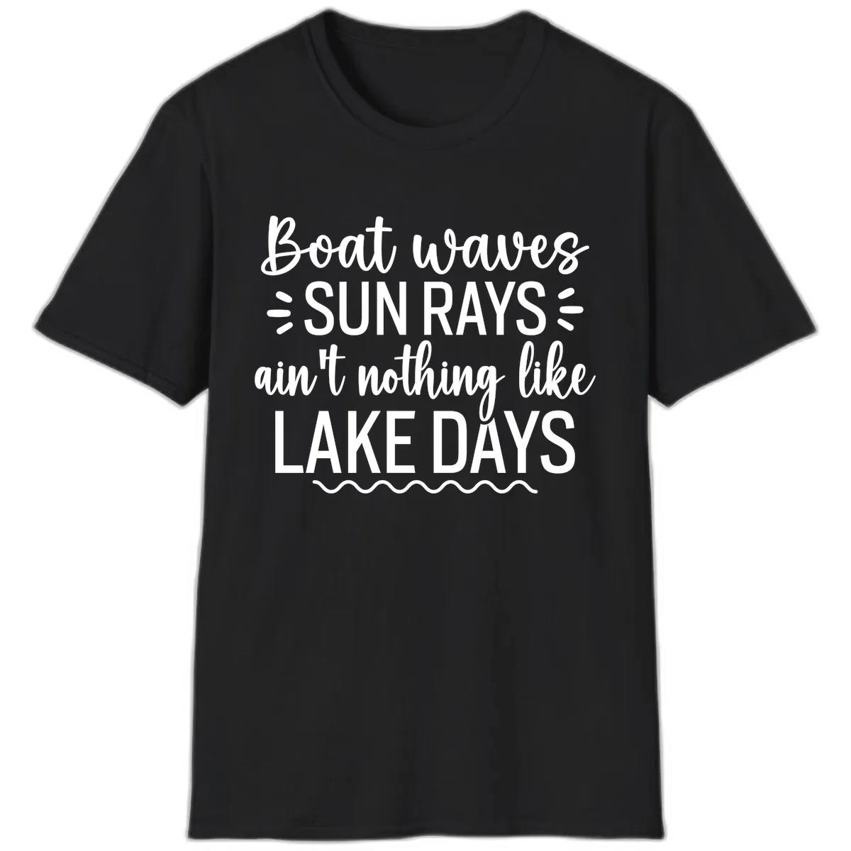 Boat Waves Sun Rays Lake Days Design T-Shirt in Black