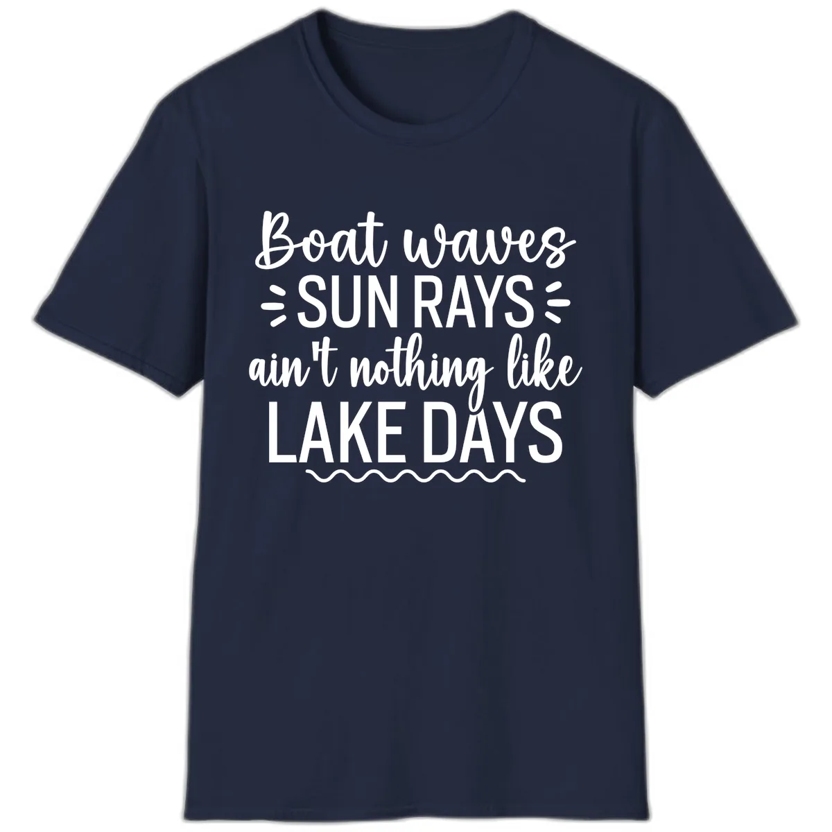 Boat Waves Sun Rays Lake Days Design T-Shirt in Navy