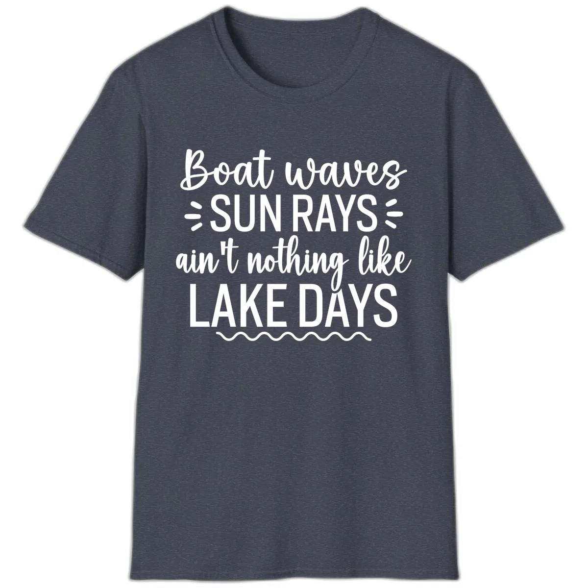Boat Waves Sun Rays Lake Days Design T-Shirt in Heather Navy