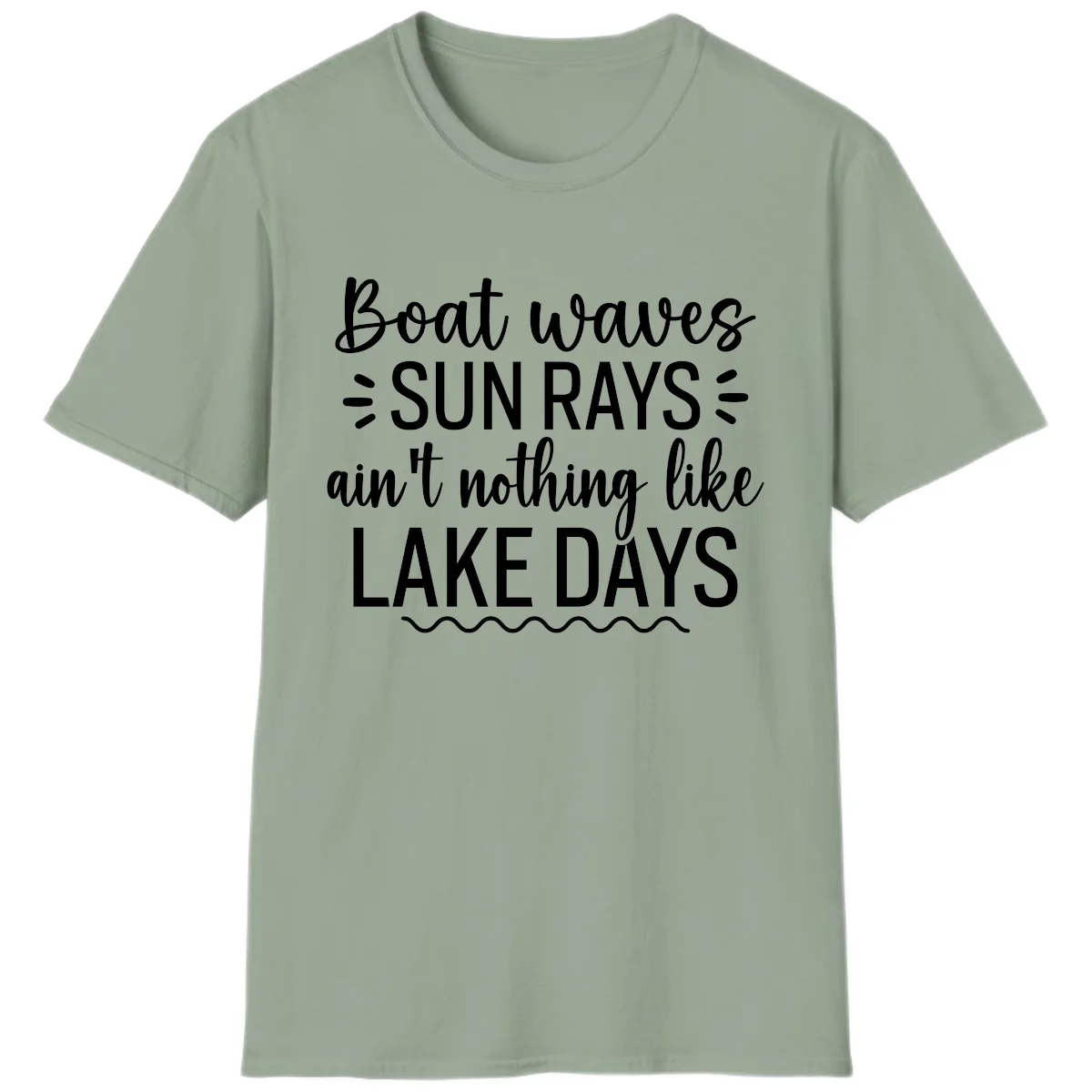 Boat Waves Sun Rays Lake Days Design T-Shirt in Sage