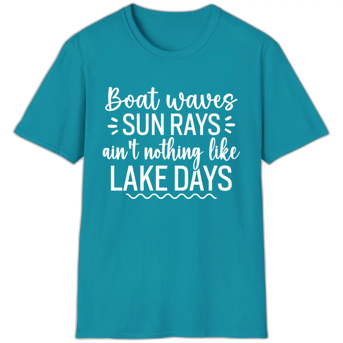 Boat Waves Sun Rays Lake Days Design T-Shirt in Tropical Blue