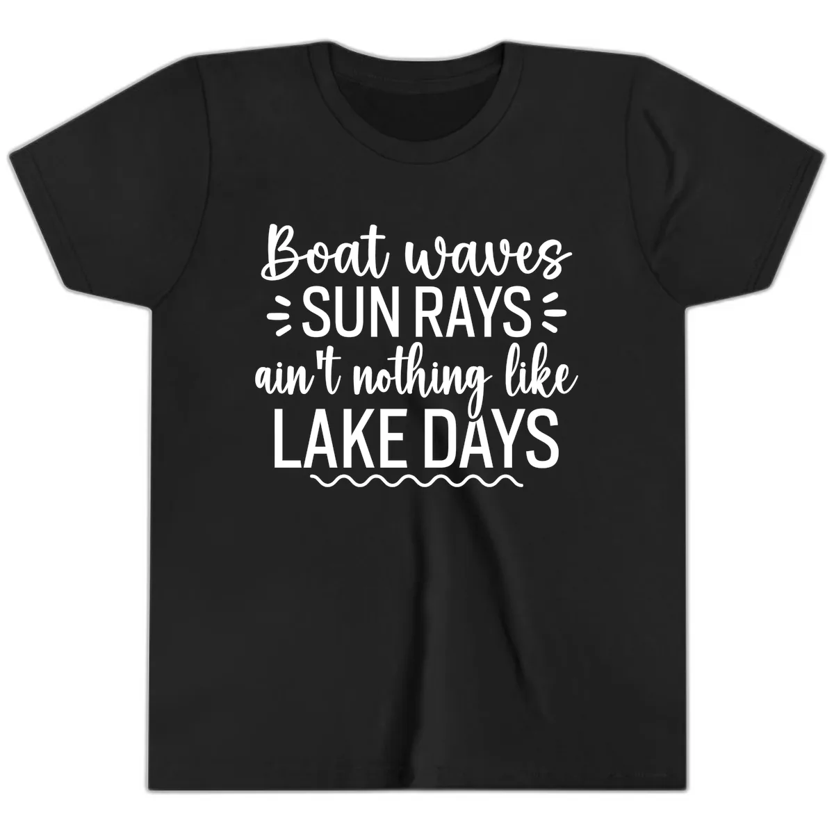 Boat Waves Sun Rays Lake Days Design Youth T-Shirt in Black