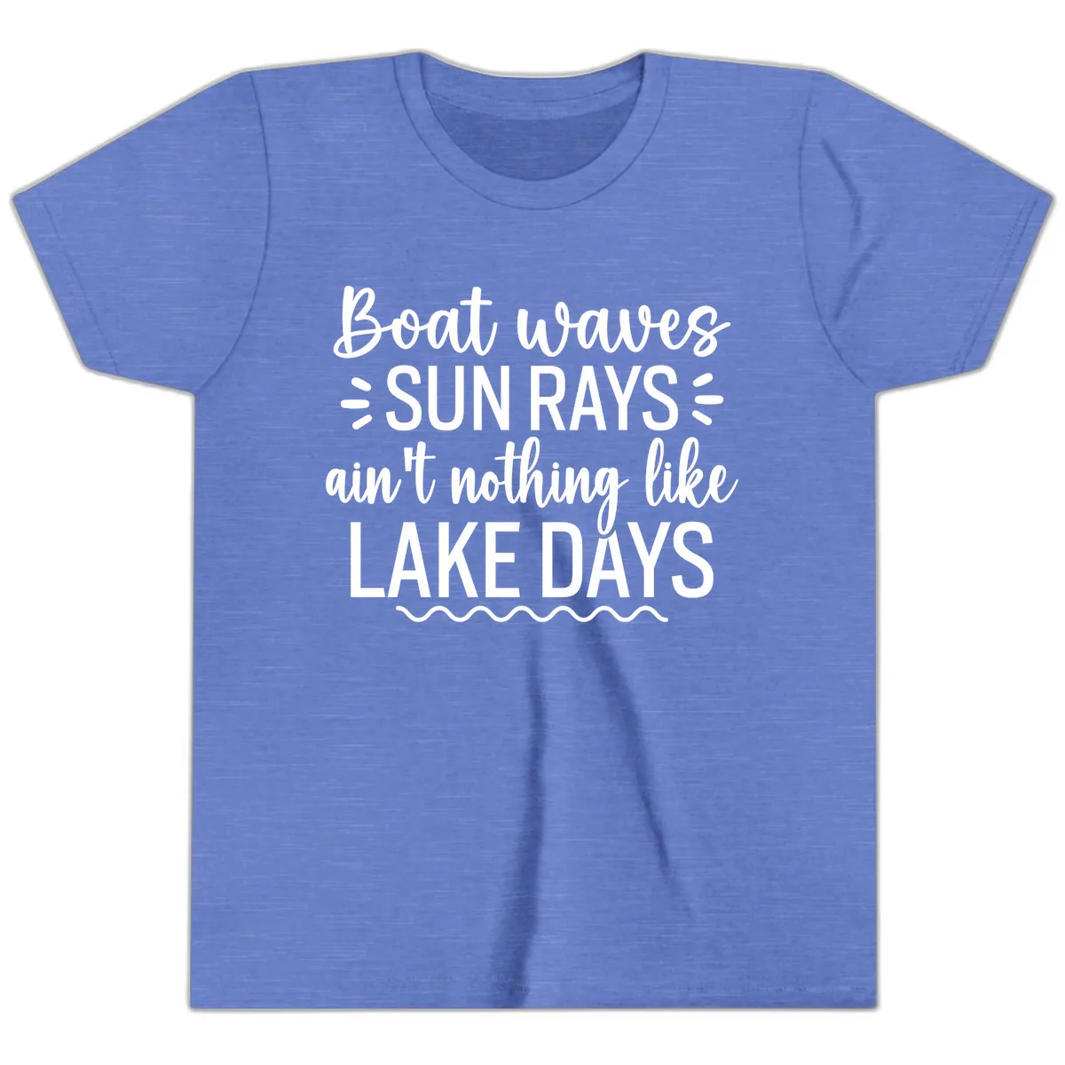 Boat Waves Sun Rays Lake Days Design Youth T-Shirt in Heather Columbia Blue