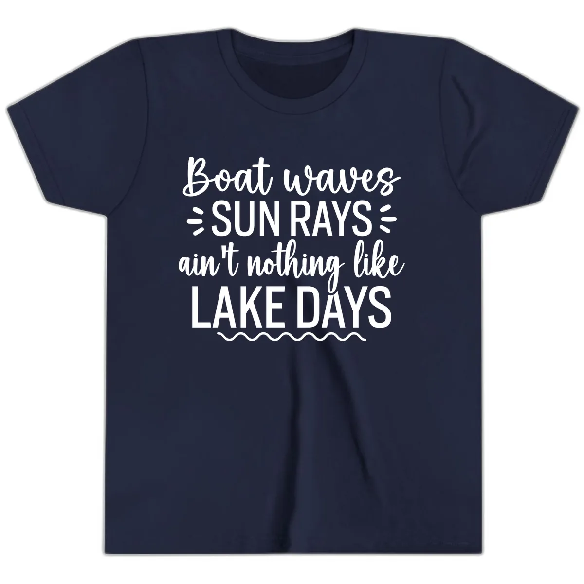 Boat Waves Sun Rays Lake Days Design Youth T-Shirt in Navy