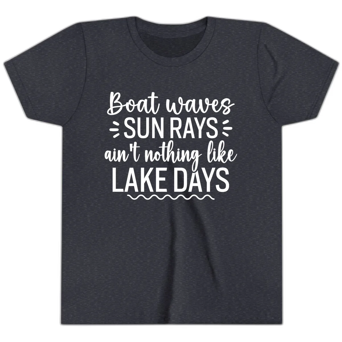Boat Waves Sun Rays Lake Days Design Youth T-Shirt in Heather Navy