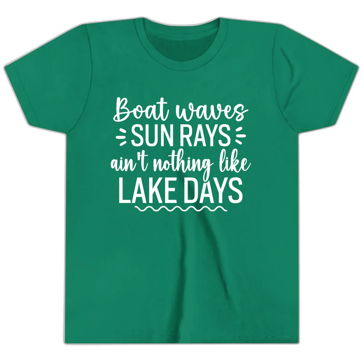 Boat Waves Sun Rays Lake Days Design Youth T-Shirt in Kelly